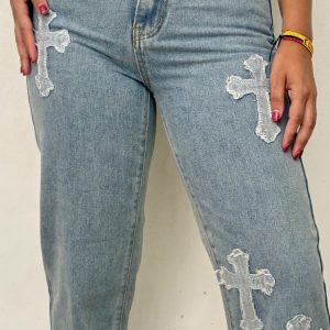 Jeans Bota Recta con Detalles de Cruz Azul