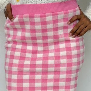Falda Corta Ajustada de Algodón Cuadros Rosados